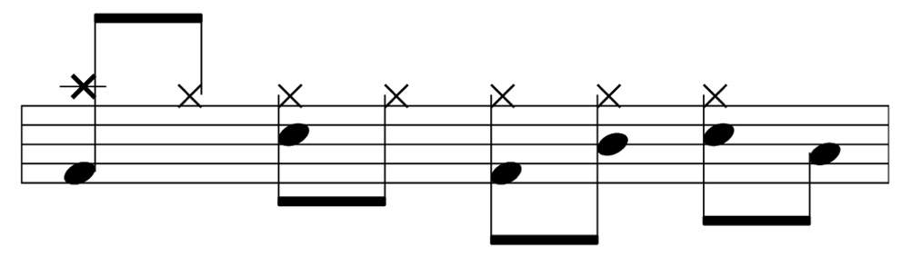 Drum notation of a standard rock beat with toms around the snare